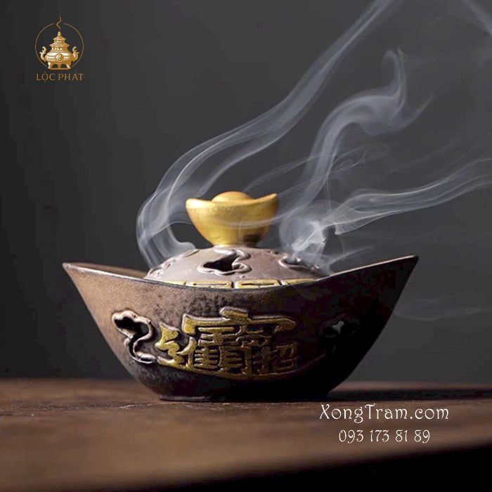 Lư Xông Trầm Thỏi Vàng Chiêu Tài Tiến Bảo Men Sứ Xám LXTS-006