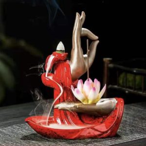 Thác Khói Trầm Hương Sứ Đỏ Tay Phật Cầm Hoa Sen TKTH-004