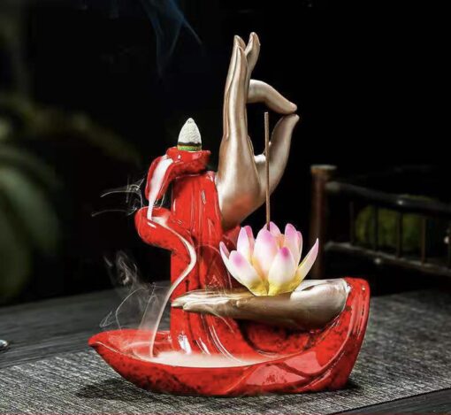 Thác Khói Trầm Hương Sứ Đỏ Tay Phật Cầm Hoa Sen TKTH-004