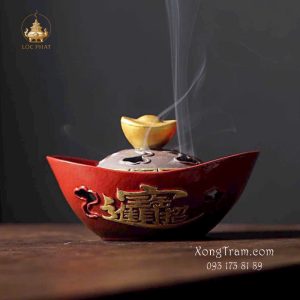 Lư Xông Trầm Thỏi Vàng Chiêu Tài Tiến Bảo Sứ Men Đỏ LXTS-007